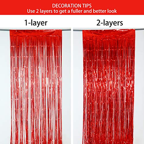 Foil Fringe Curtains Party Decorations - Melsan 3 Pack 3.2 x 8.2 ft Tinsel Curtain Party Photo Backdrop for Birthday Party Baby Shower or Graduation Decorations Red