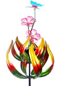 solar butterfly tulips 69 inch wind catcher for yard kinetic wind spinner with garden stake, 360 swivel butterfly tulips outdoor wind sculpture spinners metal windmill-kinetic garden decoration