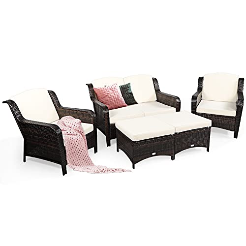 Tangkula 5 Pieces Patio Furniture Set, Outdoor Rattan Conversation Sofa Set with Loveseat, Single Sofas and Ottoman, Sectional Sofa Set with Removable Cushions for Backyard, Balcony, Lawn (Beige)