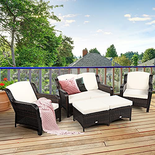 Tangkula 5 Pieces Patio Furniture Set, Outdoor Rattan Conversation Sofa Set with Loveseat, Single Sofas and Ottoman, Sectional Sofa Set with Removable Cushions for Backyard, Balcony, Lawn (Beige)