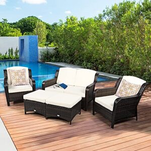 Tangkula 5 Pieces Patio Furniture Set, Outdoor Rattan Conversation Sofa Set with Loveseat, Single Sofas and Ottoman, Sectional Sofa Set with Removable Cushions for Backyard, Balcony, Lawn (Beige)
