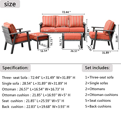 XIZZI Patio Furniture Set,Outdoor Furniture,5 PCS High Back Outside Wicker Patio Conversation Sectional Sofa Set with Premium Fabric Cushions(Orange Red)