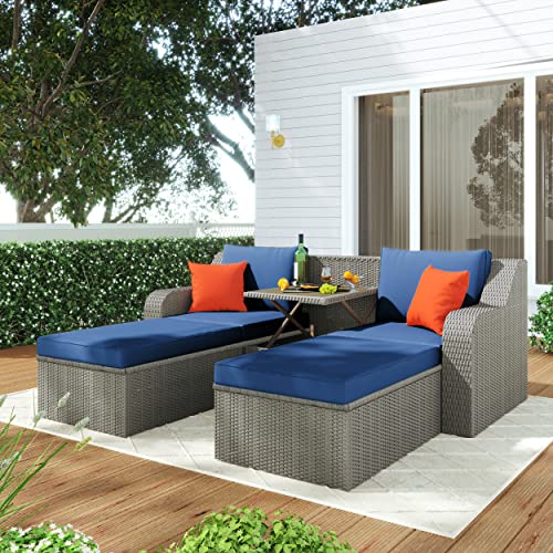 Merax 3 Pieces Patio Furniture Set Outdoor Conversation Wicker Rattan Sofa Chair, Lift Top Coffee Table and Ottomans, Blue