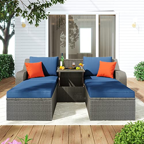 Merax 3 Pieces Patio Furniture Set Outdoor Conversation Wicker Rattan Sofa Chair, Lift Top Coffee Table and Ottomans, Blue