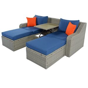 Merax 3 Pieces Patio Furniture Set Outdoor Conversation Wicker Rattan Sofa Chair, Lift Top Coffee Table and Ottomans, Blue