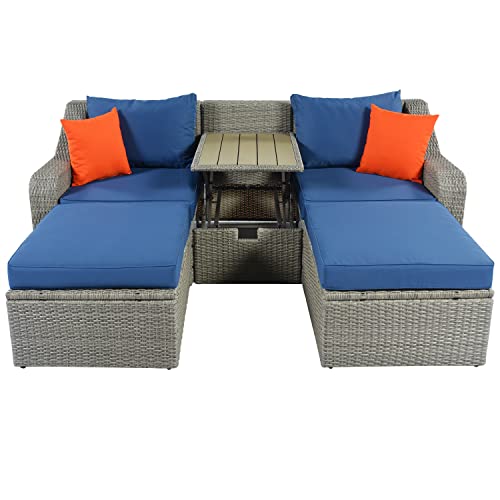 Merax 3 Pieces Patio Furniture Set Outdoor Conversation Wicker Rattan Sofa Chair, Lift Top Coffee Table and Ottomans, Blue