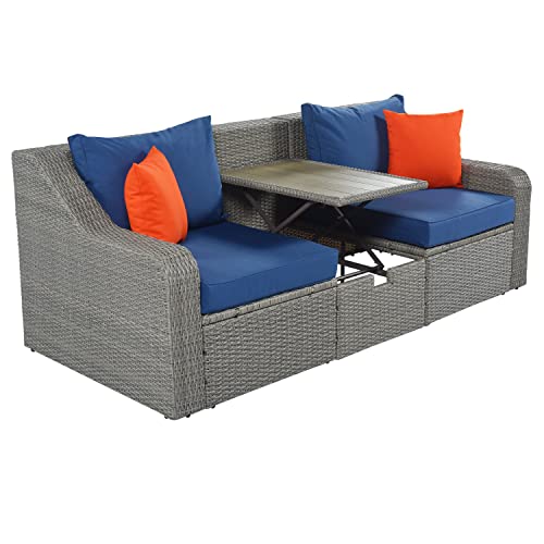 Merax 3 Pieces Patio Furniture Set Outdoor Conversation Wicker Rattan Sofa Chair, Lift Top Coffee Table and Ottomans, Blue
