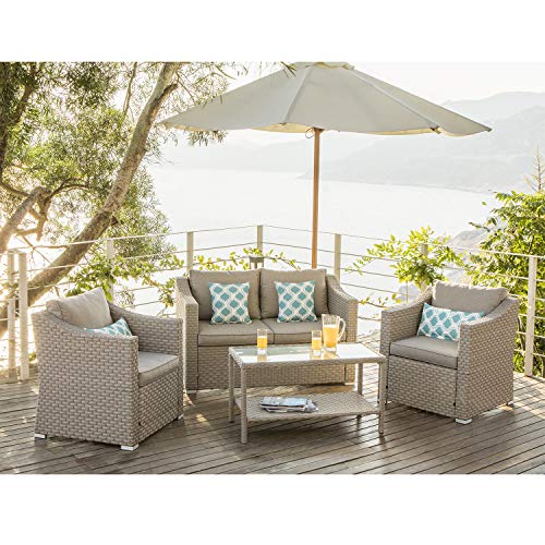 COSIEST 4-Piece Patio Furniture Sectional Sofa All-Weather Outdoor Wicker Conversation Set w Warm Gray Cushions, Glass Coffee Table, 4 Teal Pattern Pillows for Deck, Backyard, Pool