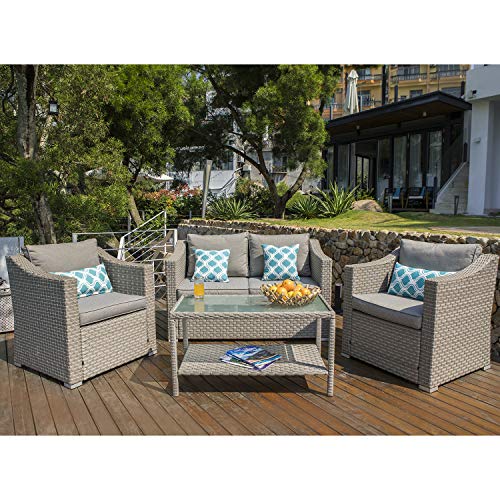 COSIEST 4-Piece Patio Furniture Sectional Sofa All-Weather Outdoor Wicker Conversation Set w Warm Gray Cushions, Glass Coffee Table, 4 Teal Pattern Pillows for Deck, Backyard, Pool