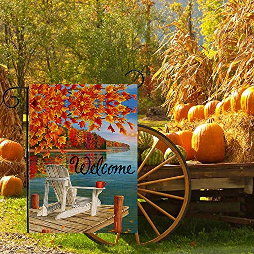 Selmad Home Decorative Fall Double Sided Garden Flag Welcome Quote, Thanksgiving Lake House Yard Flag, Autumn Maple Leaf Garden Yard Decorations, Rustic Holiday Seasonal Outdoor Flag 12 x 18 Vintage