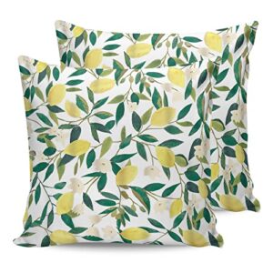 Waterproof Outdoor Throw Pillow Cover Yellow Lemon Fruits Lumbar Pillowcases Set of 2 Green Leaves Plant Decorative Patio Furniture Pillows for Couch Garden 18x18 inch