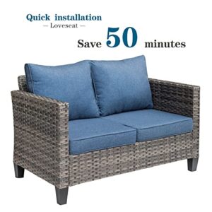 ovios Patio Sofa Outdoor Furniture Modern Wicker Sofa All Weather Garden Loveseat Couch Porch Sofa for Yard, Backyard (Denim Blue)