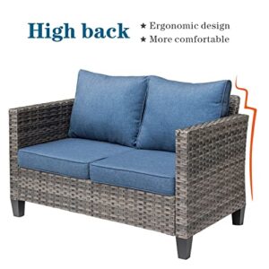 ovios Patio Sofa Outdoor Furniture Modern Wicker Sofa All Weather Garden Loveseat Couch Porch Sofa for Yard, Backyard (Denim Blue)