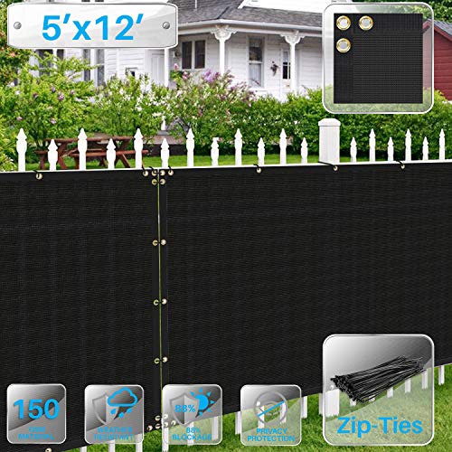Patio 5' x 12' Fence Privacy Screen Black Commercial Grade Mesh Shade Fabric with Brass Gromment Outdoor Windscreen Zipties