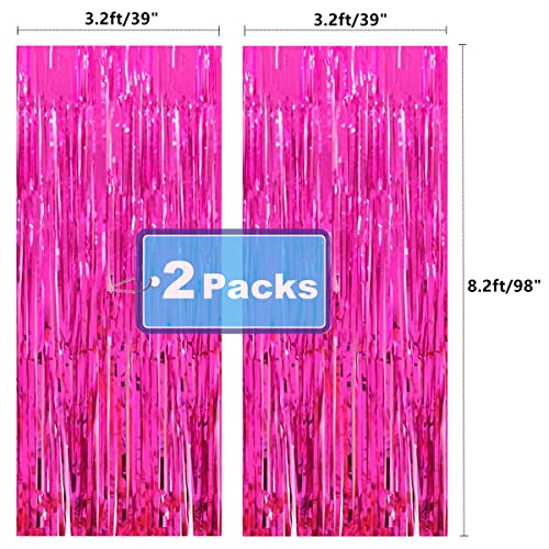2pcs 3.2ft x 8.2ft Hot Pink Metallic Tinsel Foil Fringe Curtains for Birthday Wedding Bridal Shower Baby Shower Bachelorette Celebration Party Decorations