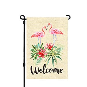 spring summer garden flag, flamingo with palm leaves welcome watercolor hand painting, 12×18 inch, double sided, vertical holiday yard farmhouse outdoor décor