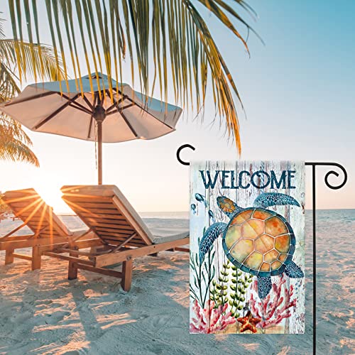 Texupday Welcome Turtle Tropical Ocean Garden Flag Rustic Coastal Summer Beach Yard Flag 12" x 18"