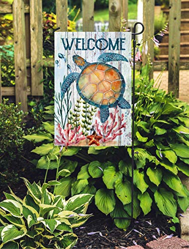 Texupday Welcome Turtle Tropical Ocean Garden Flag Rustic Coastal Summer Beach Yard Flag 12" x 18"