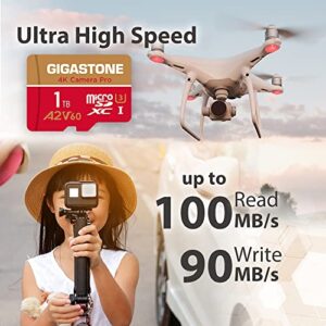 [5-Yrs Free Data Recovery] Gigastone 1TB Micro SD Card, 4K Camera Pro, 4K Video Recording for GoPro, DJI, Drone, R/W up to 100/90 MB/s MicroSDXC Memory Card UHS-I U3 A2 V60, with Adapter