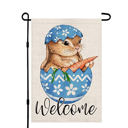 Easter Egg Bunny Garden Flag Double Sided Vertical Burlap 12×18 Inch, Welcome Spring Farmhouse Yard Outdoor Decoration DF021