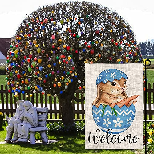 Easter Egg Bunny Garden Flag Double Sided Vertical Burlap 12×18 Inch, Welcome Spring Farmhouse Yard Outdoor Decoration DF021