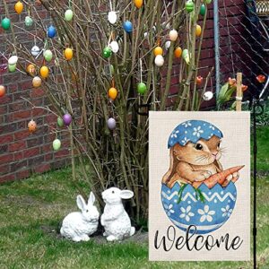 Easter Egg Bunny Garden Flag Double Sided Vertical Burlap 12×18 Inch, Welcome Spring Farmhouse Yard Outdoor Decoration DF021