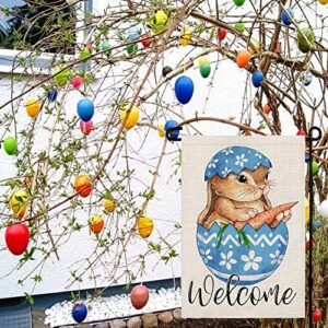 Easter Egg Bunny Garden Flag Double Sided Vertical Burlap 12×18 Inch, Welcome Spring Farmhouse Yard Outdoor Decoration DF021