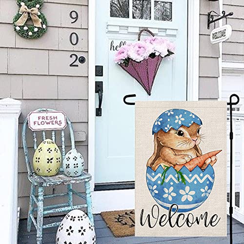 Easter Egg Bunny Garden Flag Double Sided Vertical Burlap 12×18 Inch, Welcome Spring Farmhouse Yard Outdoor Decoration DF021