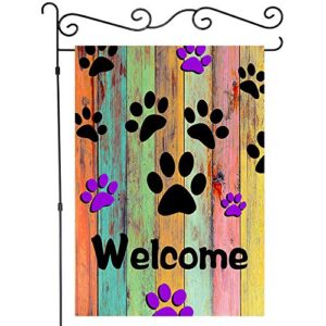 jawo welcome garden flag colorful dog paws decor, rustic wooden wall design house flags yard banner, mini garden flags single side 12×18 inches