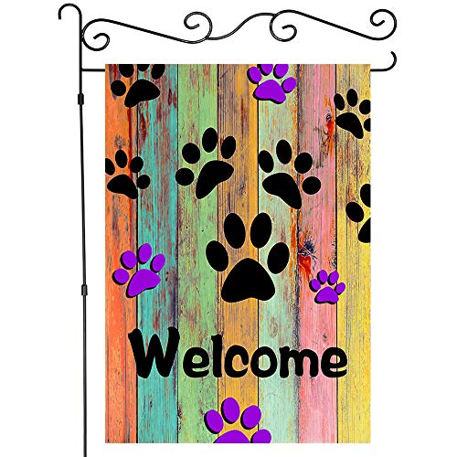 JAWO Welcome Garden Flag Colorful Dog Paws Decor, Rustic Wooden Wall Design House Flags Yard Banner, Mini Garden Flags Single Side 12x18 Inches