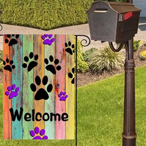 JAWO Welcome Garden Flag Colorful Dog Paws Decor, Rustic Wooden Wall Design House Flags Yard Banner, Mini Garden Flags Single Side 12x18 Inches