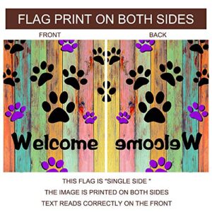 JAWO Welcome Garden Flag Colorful Dog Paws Decor, Rustic Wooden Wall Design House Flags Yard Banner, Mini Garden Flags Single Side 12x18 Inches