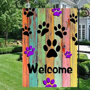 JAWO Welcome Garden Flag Colorful Dog Paws Decor, Rustic Wooden Wall Design House Flags Yard Banner, Mini Garden Flags Single Side 12x18 Inches