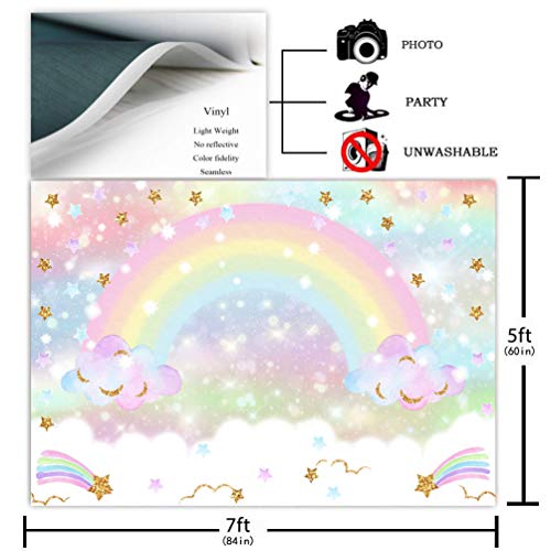 Avezano Rainbow Backdrop for Girls Birthday Party 7x5ft Glitter Star Rainbow Sky Cloud Photography Background Pastel Rainbow Party Decorations Photoshoot Backdrops