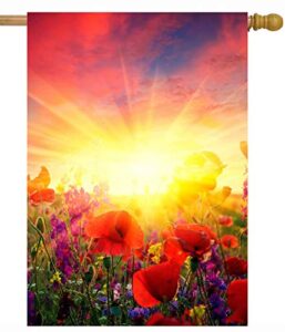 shinesnow floral flowers red poppies field sunlight sunrise autumn summer spring house flag 28″ x 40″ double sided polyester welcome yard garden flag banners for patio lawn home outdoor decor