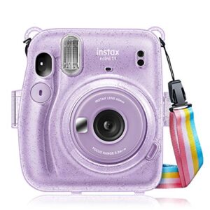 fintie protective clear case for fujifilm instax mini 11 instant film camera – crystal hard shell cover with removable rainbow shoulder strap, glittering purple