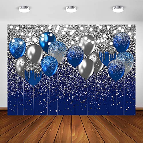 Avezano Royal Blue Glitter Backdrop for Birthday Wedding Prom Graduation Photography Background Party Glitter Blue Balloon Party Decorations Photoshoot Photobooth (7x5ft, Blue and Silver)