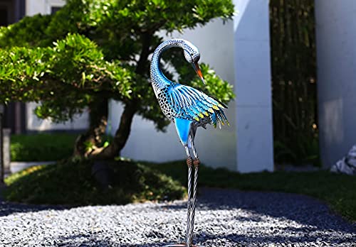 TOMBABY Solar Metal Garden Preening Crane Statue Metal Heron Outdoor Decor, Yard Art Bird Decoy for Backyard Pond