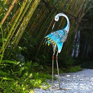 TOMBABY Solar Metal Garden Preening Crane Statue Metal Heron Outdoor Decor, Yard Art Bird Decoy for Backyard Pond