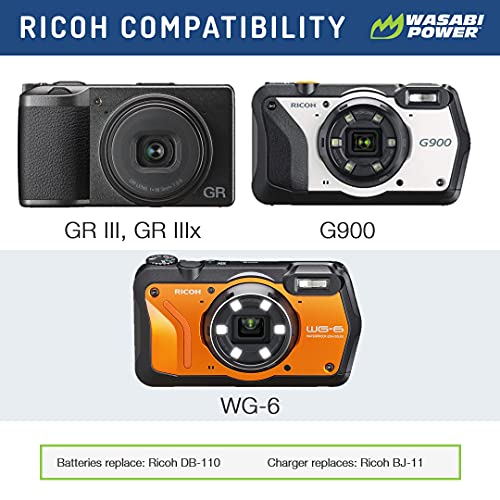 Wasabi Power DB-110 Battery (2-Pack) and Charger for Ricoh GR III, GR IIIx, WG-6, G900