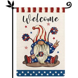 yovoyoa patriotic gnomes welcome garden flag, 12.5 x 18 inch double sided american star and strip floral welcome yard flag, 4th of july usa burlap vertical flag for lawn patio decor