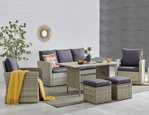 Barton 6 Pieces Patio Dining Sets Outdoor Space Saving Rattan Chairs with Table Patio Furniture Sets Cushioned Seating and Back Sectional Conversation Set (Grey)