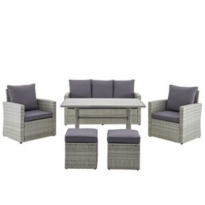 Barton 6 Pieces Patio Dining Sets Outdoor Space Saving Rattan Chairs with Table Patio Furniture Sets Cushioned Seating and Back Sectional Conversation Set (Grey)