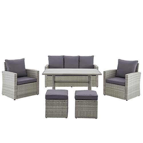 Barton 6 Pieces Patio Dining Sets Outdoor Space Saving Rattan Chairs with Table Patio Furniture Sets Cushioned Seating and Back Sectional Conversation Set (Grey)