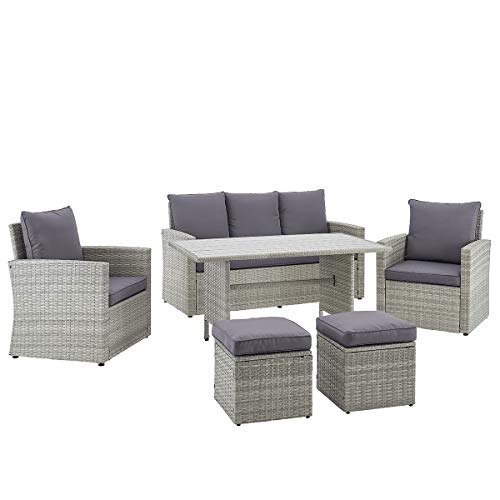 Barton 6 Pieces Patio Dining Sets Outdoor Space Saving Rattan Chairs with Table Patio Furniture Sets Cushioned Seating and Back Sectional Conversation Set (Grey)
