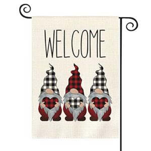 avoin colorlife welcome buffalo check plaid gnome love heart valentine’s day garden flag outside double sided, anniversary wedding yard outdoor decoration 12×18 inch