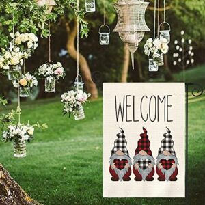 AVOIN colorlife Welcome Buffalo Check Plaid Gnome Love Heart Valentine's Day Garden Flag Outside Double Sided, Anniversary Wedding Yard Outdoor Decoration 12x18 Inch