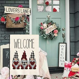 AVOIN colorlife Welcome Buffalo Check Plaid Gnome Love Heart Valentine's Day Garden Flag Outside Double Sided, Anniversary Wedding Yard Outdoor Decoration 12x18 Inch