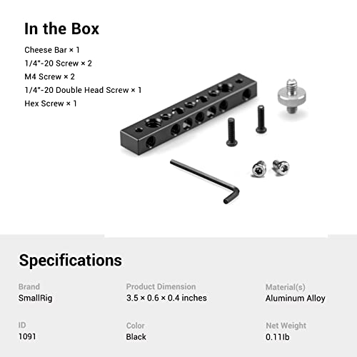 SmallRig Cheese Plate with Multiple Threaded Holes,Cheese Bar for Monitor Mount, DIY Camera Accessories - 1091