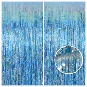 melsan 2 pack 3.2 ft x 8.2 ft tinsel foil fringe curtains backdrop, sparkle metallic foil curtains for party photo booth props decoration, light blue